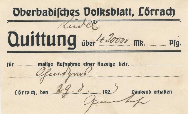 Quittung über eine Anzeige im Oberbadischen Volksblatt währen der Inflationszeit 1923,Hermann Kuder, Copyright Daniel Kähny