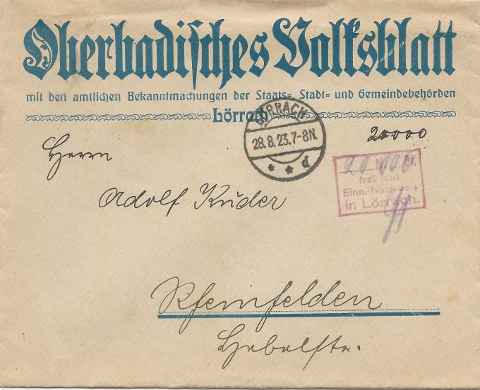 Umschlag einer Rechnung an Adolf Kuder in der Inflationszeit 1923; Hermann Kuder, Copyright Daniel Kähny